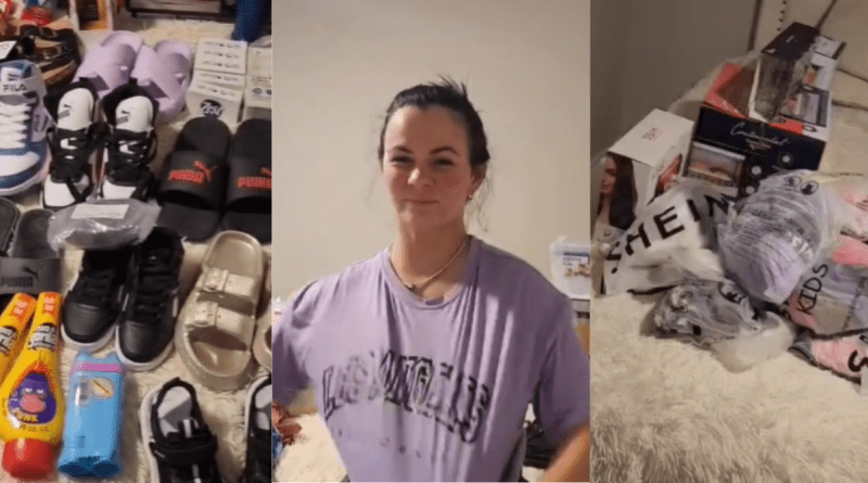 Mujer cubana preparando un paquete de ayuda con ropa y productos para enviar a Cuba.